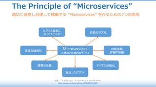 The Principle of “Microservices”
出典 :	「 「O'Reilly	Japan	- マイクロサービスアーキテクチャ」
https://www.oreilly.co.jp/books/9784873117607/
適切に連携し⾃律して稼働する “Microservices” を作るための7つの原則
Microservices
小規模で自律的なサービス
高度な観測性
内部実装
詳細の隠蔽
独立したデプロイ
自動化の文化
ビジネス概念に
沿ったモデル化
障害の分離 すべての分散化
 