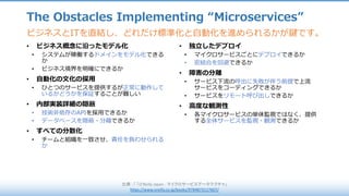• ビジネス概念に沿ったモデル化
• システムが稼働するドメインをモデル化できる
か
• ビジネス境界を明確にできるか
• ⾃動化の⽂化の採⽤
• ひとつのサービスを提供するが正常に動作して
いるかどうかを保証することが難しい
• 内部実装詳細の隠蔽
• 技術⾮依存のAPIを採⽤できるか
• データベースを隠蔽・分離できるか
• すべての分散化
• チームと組織を⼀致させ、責任を負わせられる
か
• 独⽴したデプロイ
• マイクロサービスごとにデプロイできるか
• 密結合を回避できるか
• 障害の分離
• サービス下流の呼出に失敗が伴う前提で上流
サービスをコーディングできるか
• サービスをリモート呼び出しできるか
• ⾼度な観測性
• 各マイクロサービスの単体監視ではなく、提供
する全体サービスを監視・観測できるか
出典 :	「 「O'Reilly	Japan	- マイクロサービスアーキテクチャ」
https://www.oreilly.co.jp/books/9784873117607/
ビジネスとITを直結し、どれだけ標準化と⾃動化を進められるかが鍵です。
The Obstacles Implementing “Microservices”
 