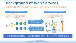 Background of Web Services
出典:「BlueGreenDeployment」
http://martinfowler.com/bliki/BlueGreenDeployment.html
⾃動化と使い捨てによる新しいWebアーキテクチャが⽣み出されました
INFRASTRUCTURE
VERSIONING
VIRTUALIZATION
(Bootstrapping)
IMAGE
APPLICATION DEPLOYMENT
(Command and Control)
SERVER CONFIGURAION
(Configuration)
CONTINUOUSINTEGRATION
SYSTEMTOOL
⾃動化が急速に発展し、⾃動化に特化したアーキテクチャへの変⾰が進む
Blue Green Deployment DevOps / System Automation
稼働中システム(⻘)には⼿を⼊れず、まったく別
に更新済みインフラ、アプリケーション(緑)を準
備。それをネットワーク毎、⼀気に切り替えるソ
フトウェアリリース⽅式を提唱。
インフラ、ミドルウェア、アプリケーションのデ
プロイ、そしてテストまで⾃動化。継続的インテ
グレーションと呼ばれ、短サイクルでのソフト
ウェアリリースを実現。
安全なリリース
プロセスを提⽰
リソース使い捨て⽂化
による⽅式の実現
Immutable Infrastructure
 