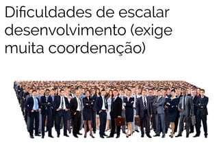 Dificuldades de escalar 
desenvolvimento (exige 
muita coordenação) 
 
