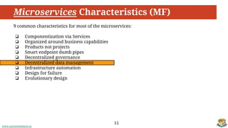 www.aurorasolutions.io
Microservices Characteristics (MF)
15
9 common characteristics for most of the microservices:
❏ Componentization via Services
❏ Organized around business capabilities
❏ Products not projects
❏ Smart endpoint dumb pipes
❏ Decentralized governance
❏ Decentralized data management
❏ Infrastructure automation
❏ Design for failure
❏ Evolutionary design
 