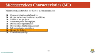 www.aurorasolutions.io
Microservices Characteristics (MF)
19
9 common characteristics for most of the microservices:
❏ Componentization via Services
❏ Organized around business capabilities
❏ Products not projects
❏ Smart endpoint dumb pipes
❏ Decentralized governance
❏ Decentralized data management
❏ Infrastructure automation
❏ Design for failure
❏ Evolutionary design
 