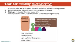 www.aurorasolutions.io
Tools for building Microservices
23
❏ Scriptable cloud infrastructure to automate continuous delivery release pipelines
❏ Reliable messaging infrastructure to allow services chirography
❏ Highly productive development framework
❏ Containerless runtime to allow deployment of one executable per service
 