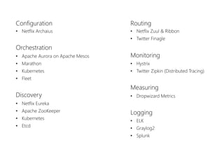 Frameworks






•  Not the most important issue of µservices
•  Should support at least uniform interfaces, observability, resilience
•  Nice if also support for uniform configuration and discoverability
•  Spring Boot/Cloud, Dropwizard, Netflix Karyon, …
 