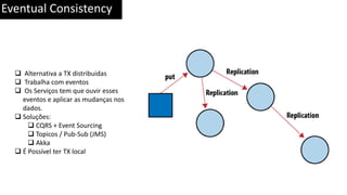 Eventual Consistency
 Alternativa a TX distribuidas
 Trabalha com eventos
 Os Serviços tem que ouvir esses
eventos e aplicar as mudanças nos
dados.
 Soluções:
 CQRS + Event Sourcing
 Topicos / Pub-Sub (JMS)
 Akka
 É Possível ter TX local
 