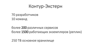 Контур-Экстерн
70 разработчиков
10 команд
250 TB основное хранилище
более 200 различных сервисов
более 1500 работающих экземпляров (реплик)
 