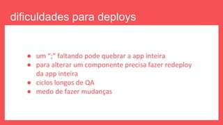dificuldades para deploys
frequentes
● um “;” faltando pode quebrar a app inteira
● para alterar um componente precisa fazer redeploy
da app inteira
● ciclos longos de QA
● medo de fazer mudanças
 