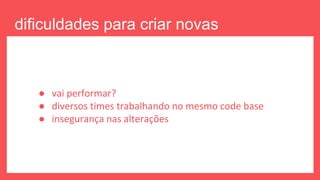 dificuldades para criar novas
funcionalidades
● vai performar?
● diversos times trabalhando no mesmo code base
● insegurança nas alterações
 