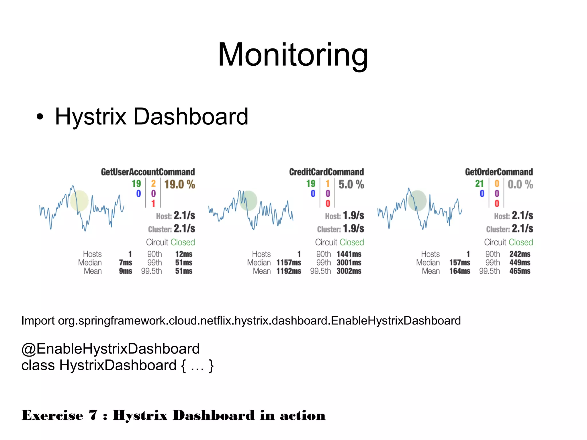Monitoring
● Hystrix Dashboard
Import org.springframework.cloud.netflix.hystrix.dashboard.EnableHystrixDashboard
@EnableHystrixDashboard
class HystrixDashboard { … }
Exercise 7 : Hystrix Dashboard in action
 