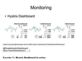 Monitoring
● Hystrix Dashboard
Import org.springframework.cloud.netflix.hystrix.dashboard.EnableHystrixDashboard
@EnableHystrixDashboard
class HystrixDashboard { … }
Exercise 7 : Hystrix Dashboard in action
 