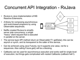 Concurrent API Integration - RxJava
● RxJava is Java implementation of MS
Reactive Extensions.
● A library for composing asynchronous
and event-based programs by using
Observable sequences.
● Netflix created RxJava to simplify
server side concurrency, a single
“heavy” client request that is executed
in parallel on the server.
● The service layer API method return an Observable<T> getData(), this can be
asynch or synch, and its transparent to the caller of this service.
● Can be achieved using Java Futures, but it supports one value, not for a
sequences. Also calling Future.get() will be a blocking.
● Callbacks can be used for asynchronous execution and works well for single level
of execution, but things gets complicated with nested Callbacks (callback hell !).
 