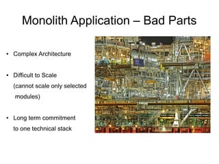 Monolith Application – Bad Parts
● Complex Architecture
● Difficult to Scale
(cannot scale only selected
modules)
● Long term commitment
to one technical stack
 