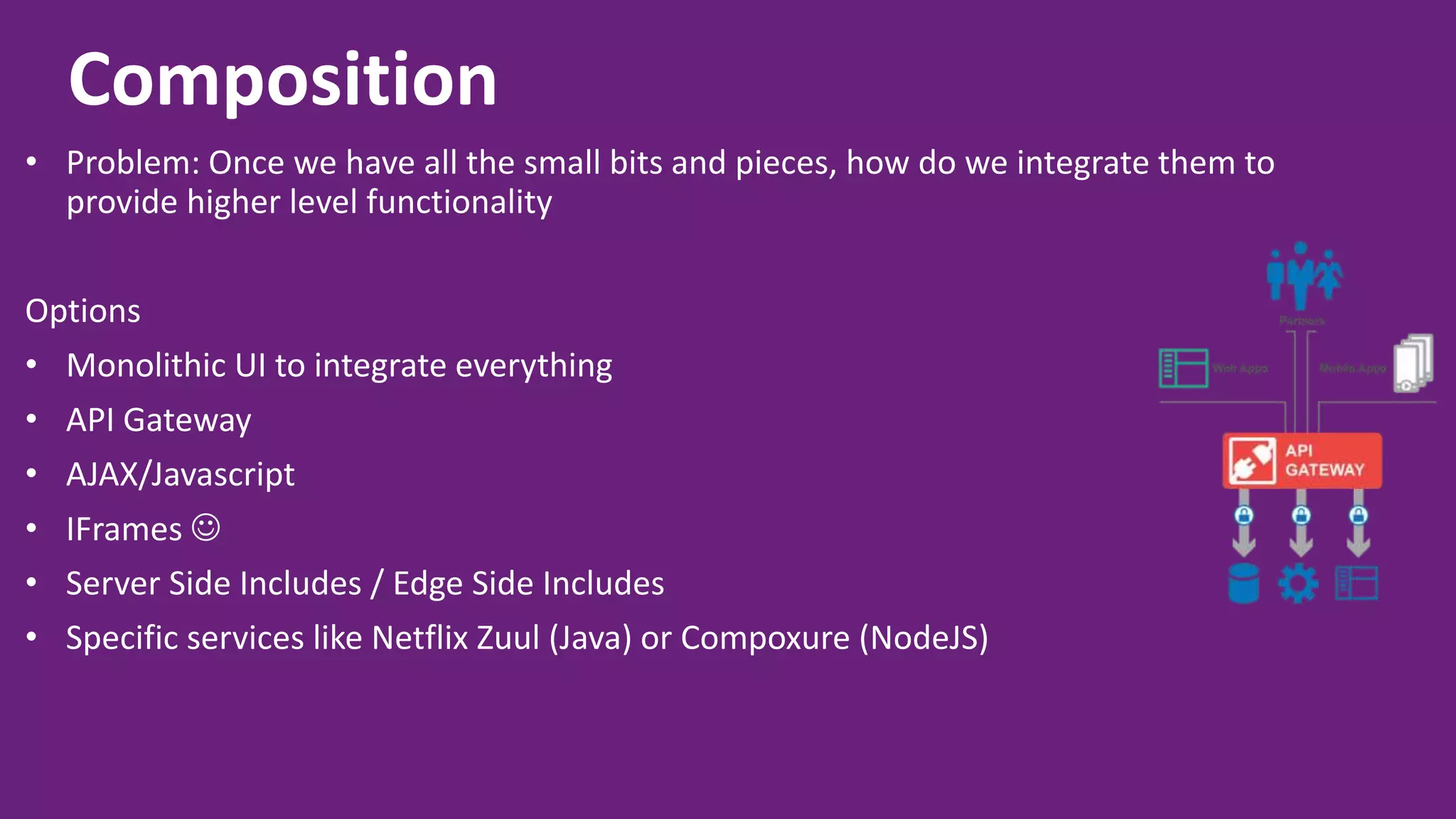 Composition • Problem: Once we have all the small bits and pieces, how do we integrate them to provide higher level functionality Options • Monolithic UI to integrate everything • API Gateway • AJAX/Javascript • IFrames  • Server Side Includes / Edge Side Includes • Specific services like Netflix Zuul (Java) or Compoxure (NodeJS) 