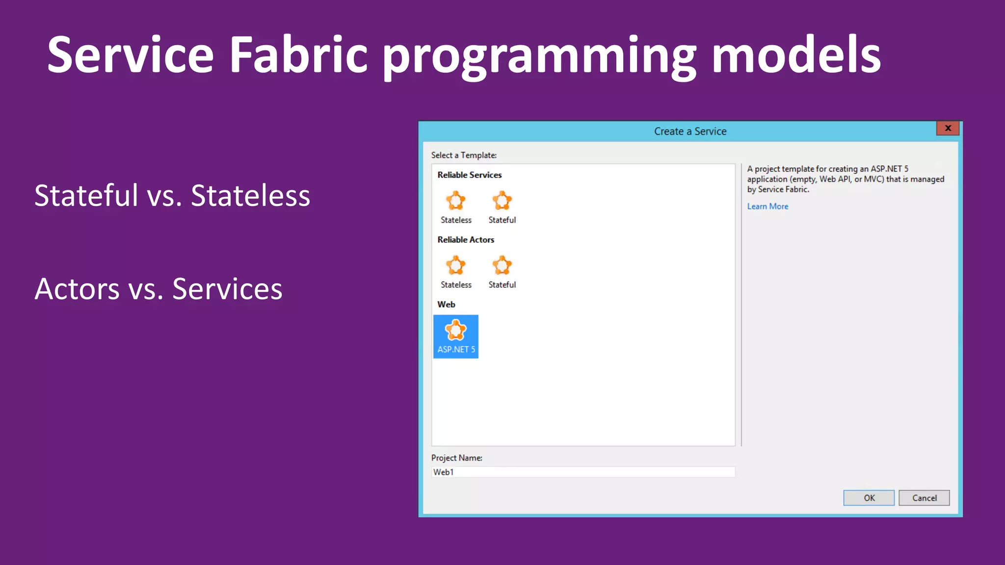 Service Fabric programming models Stateful vs. Stateless Actors vs. Services 