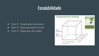 Escalabilidade
● Eixo X - Duplicação horizontal
● Eixo Y - Decomposição vertical
● Eixo Z - Separação dos dados
 