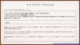 MICROSERVICES?
マイクロサービスとは？
・少しバズワードぽいがとりあえず流行り言葉の一つだから抑えておきたい
・触ってみて自システムへの導入検討につなげたい
・アマゾンやクックパッド等、実例は多いものの、SOA(Service Oriented Architecture:サービス指向アーキテクチャ)と
の違いが今一つわからない
複数の小さなサービスの集合体としてシステムを構築し、各サービス同士をHTTP経由のAPIやメッセージングなどの
軽量な通信で連携する手法。
JAMES LEWIS氏によって提案された言葉で、同氏がMARTIN FOWLER氏と執筆した記事「MICROSERVICES」に
より各所で取り上げられるようになった。
複数の機能をひとつのアプリケーションの実行物として構築する「モノリシック(一枚岩)」アーキテクチャと比較さ
れる。
＜マイクロサービスに対するイメージ＞
＜定義＞
https://news.mynavi.jp/itsearch/encyc/microservices
 