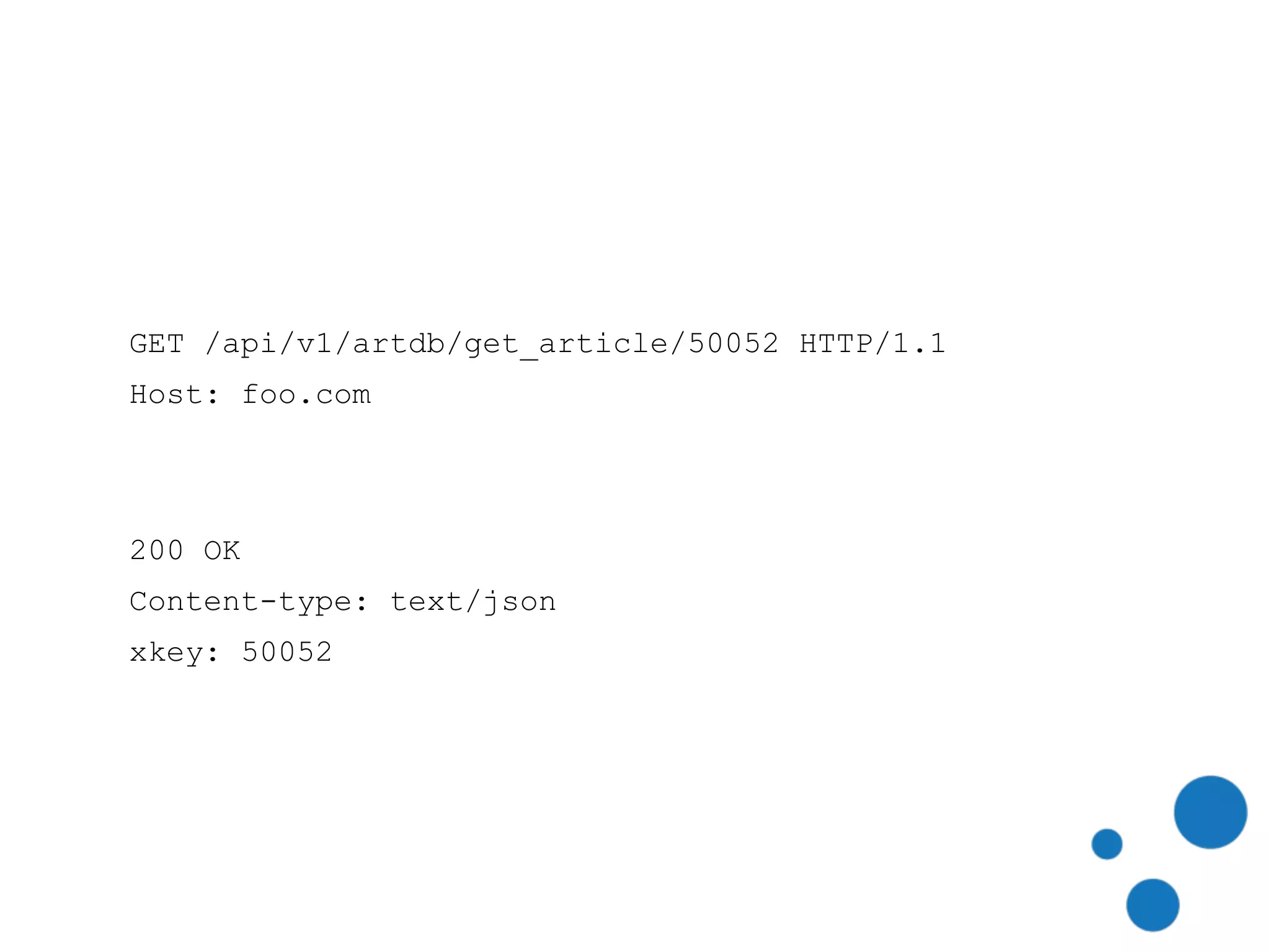 GET /api/v1/artdb/get_article/50052 HTTP/1.1
Host: foo.com
 200 OK
Content-type: text/json
xkey: 50052
 