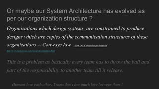 Or maybe our System Architecture has evolved as
per our organization structure ?
Organizations which design systems are constrained to produce
designs which are copies of the communication structures of these
organizations -- Conways law “How Do Committees Invent"
http://www.melconway.com/research/committees.html
This is a problem as basically every team has to throw the ball and
part of the responsibility to another team till it release.
Humans love each other; Teams don’t lose much love between them ?
 