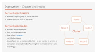 Service Fabric Clusters
• A cluster is logical group of virtual machines
• It can scale up to 1000s of machines
Service Fabric Nodes
• A node is a Virtual Machine
• Runs on Linux or Windows
• Able to host containers
• Individually scalable
• Service fabric can be configured to host 1 to any number of services or
applications on a single node. (Assuming that your node vertical scales
accordingly)
Deployment - Clusters and Nodes
Node1
Node 2
Node 3Node 4
Node 5
Cluster
 