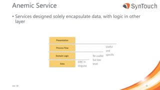 Anemic Service
• Services designed solely encapsulate data, with logic in other
layer
mei ’18 31
 