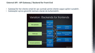 External API - API Gateway / Backend for Front-End
• Gateway’ler her cliente ortak bir apı sunmak yerine cliente uygun apileri sunabilir.
• Gatewayler ayrıca güvenlik katmanı olarak da kullanılabilir.
 