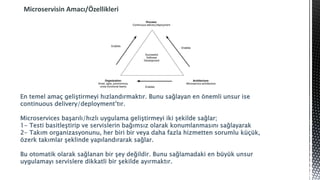 Microservisin Amacı/Özellikleri
En temel amaç geliştirmeyi hızlandırmaktır. Bunu sağlayan en önemli unsur ise
continuous delivery/deployment’tır.
Microservices başarılı/hızlı uygulama geliştirmeyi iki şekilde sağlar;
1- Testi basitleştirip ve servislerin bağımsız olarak konumlanmasını sağlayarak
2- Takım organizasyonunu, her biri bir veya daha fazla hizmetten sorumlu küçük,
özerk takımlar şeklinde yapılandırarak sağlar.
Bu otomatik olarak sağlanan bir şey değildir. Bunu sağlamadaki en büyük unsur
uygulamayı servislere dikkatli bir şekilde ayırmaktır.
 