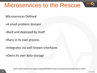 Microservices to the Rescue
Microservices Defined
๏A small problem domain
๏Built and deployed by itself
๏Runs in its own process
๏Integrates via well-known interfaces
๏Owns its own data storage
13
Source: http://www.brunton-spall.co.uk/post/2014/05/21/what-is-a-microservice-and-why-does-it-matter/
 