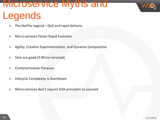 Microservice Myths and
Legends
๏ The NetFlix Legend – QoS and rapid delivery
๏ Micro-services Foster Rapid Evolution
๏ Agility, Creative Experimentation, and Dynamic Composition
๏ Silos are good (if Micro-serviced)
๏ Containerization Panacea
๏ Lifecycle Complexity is Overblown
๏ Micro-services don’t require SOA principles to succeed
19
 
