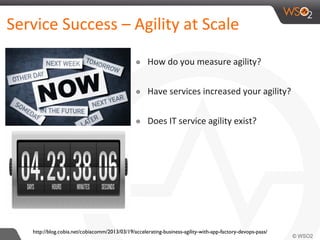 Service Success – Agility at Scale
๏ How do you measure agility?
๏ Have services increased your agility?
๏ Does IT service agility exist?
http://blog.cobia.net/cobiacomm/2013/03/19/accelerating-business-agility-with-app-factory-devops-paas/
 