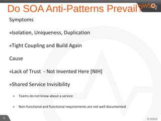 Do SOA Anti-Patterns Prevail?
Symptoms
๏Isolation, Uniqueness, Duplication
๏Tight Coupling and Build Again
Cause
๏Lack of Trust - Not Invented Here [NIH]
๏Shared Service Invisibility
๏ Teams do not know about a service
๏ Non-functional and functional requirements are not well documented
9
 