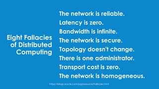 Eight Fallacies
of Distributed
Computing
The network is reliable.
Latency is zero.
Bandwidth is infinite.
The network is secure.
Topology doesn't change.
There is one administrator.
Transport cost is zero.
The network is homogeneous.
16
https://blogs.oracle.com/jag/resource/Fallacies.html
 