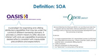 Definition: SOA
6
https://www.oasis-open.org/committees/tc_home.php?wg_abbrev=soa-rm
A paradigm for organizing and utilizing
distributed capabilities that may be under the
control of different ownership domains. It
provides a uniform means to offer, discover,
interact with and use capabilities to produce
desired effects consistent with measurable
preconditions and expectations.
http://www.opengroup.org/subjectareas/soa
Service-Oriented Architecture (SOA) is an architectural style that
supports service-orientation. Service-orientation is a way of
thinking in terms of services and service-based development and
the outcomes of services.
A service:
• Is a logical representation of a repeatable business activity that
has a specified outcome (e.g., check customer credit, provide
weather data, consolidate drilling reports)
• Is self-contained
• May be composed of other services
• Is a “black box” to consumers of the service
 