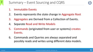 Summary – Event Sourcing and CQRS
8/10/2018 (C) COPYRIGHT METAMAGIC GLOBAL INC., NEW JERSEY, USA 42
2
1. Immutable Events
2. Events represents the state change in Aggregate Root
3. Aggregates are Derived from a Collection of Events.
4. Separate Read and Write Models
5. Commands (originated from user or systems) creates
Events.
6. Commands and Queries are always separated and
possibly reads and writes using different data models.
 