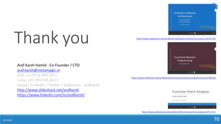 8/10/2018 70
Thank you
Araf Karsh Hamid : Co-Founder / CTO
araf.karsh@metamagic.in
USA: +1 (973) 969-2921
India: +91.999.545.8627
Skype / LinkedIn / Twitter / Slideshare : arafkarsh
http://www.slideshare.net/arafkarsh
https://www.linkedin.com/in/arafkarsh/
http://www.slideshare.net/arafkarsh/software-architecture-styles-64537120
http://www.slideshare.net/arafkarsh/function-point-analysis-65711721
http://www.slideshare.net/arafkarsh/functional-reactive-programming-64780160
 