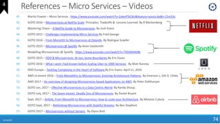 References – Micro Services – Videos
41. Martin Fowler – Micro Services : https://www.youtube.com/watch?v=2yko4TbC8cI&feature=youtu.be&t=15m53s
42. GOTO 2016 – Microservices at NetFlix Scale: Principles, Tradeoffs & Lessons Learned. By R Meshenberg
43. Mastering Chaos – A NetFlix Guide to Microservices. By Josh Evans
44. GOTO 2015 – Challenges Implementing Micro Services By Fred George
45. GOTO 2016 – From Monolith to Microservices at Zalando. By Rodrigue Scaefer
46. GOTO 2015 – Microservices @ Spotify. By Kevin Goldsmith
47. Modelling Microservices @ Spotify : https://www.youtube.com/watch?v=7XDA044tl8k
48. GOTO 2015 – DDD & Microservices: At last, Some Boundaries By Eric Evans
49. GOTO 2016 – What I wish I had known before Scaling Uber to 1000 Services. By Matt Ranney
50. DDD Europe – Tackling Complexity in the Heart of Software By Eric Evans, April 11, 2016
51. AWS re:Invent 2016 – From Monolithic to Microservices: Evolving Architecture Patterns. By Emerson L, Gilt D. Chiles
52. AWS 2017 – An overview of designing Microservices based Applications on AWS. By Peter Dalbhanjan
53. GOTO Jun, 2017 – Effective Microservices in a Data Centric World. By Randy Shoup.
54. GOTO July, 2017 – The Seven (more) Deadly Sins of Microservices. By Daniel Bryant
55. Sept, 2017 – Airbnb, From Monolith to Microservices: How to scale your Architecture. By Melanie Cubula
56. GOTO Sept, 2017 – Rethinking Microservices with Stateful Streams. By Ben Stopford.
57. GOTO 2017 – Microservices without Servers. By Glynn Bird.
8/10/2018 74
4
 