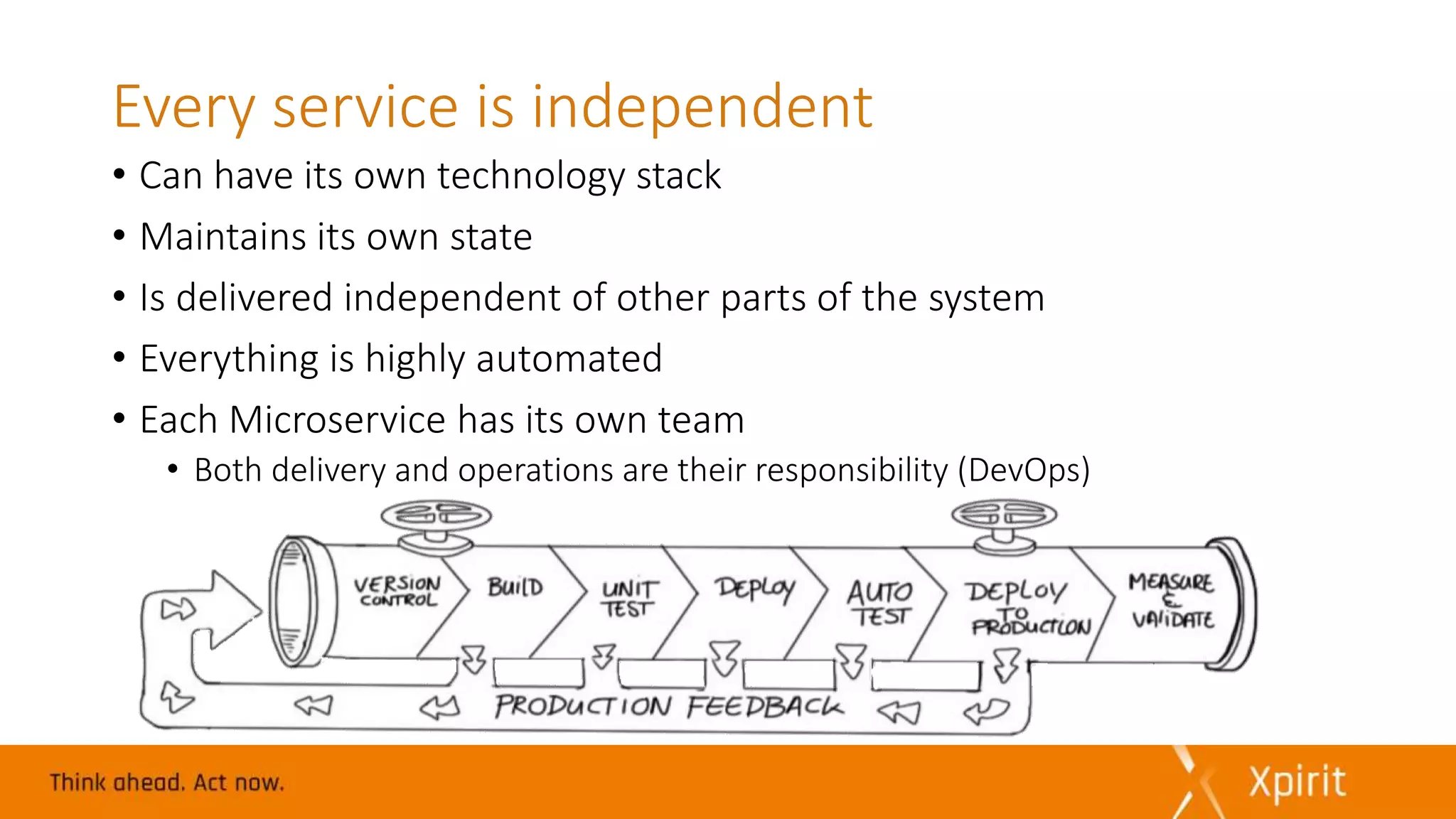 Every service is independent
• Can have its own technology stack
• Maintains its own state
• Is delivered independent of other parts of the system
• Everything is highly automated
• Each Microservice has its own team
• Both delivery and operations are their responsibility (DevOps)
 