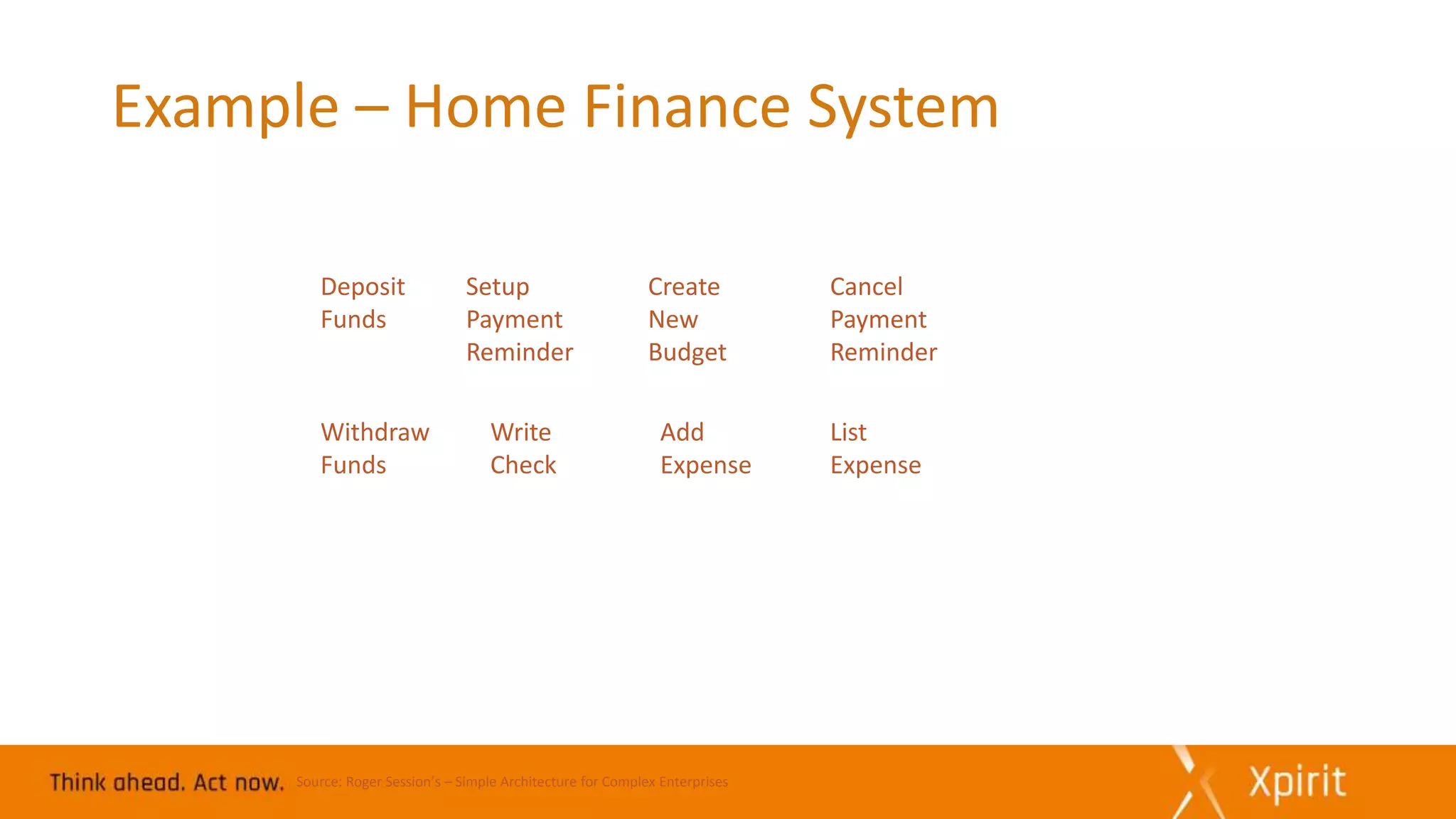 Example – Home Finance System
Deposit
Funds
Setup
Payment
Reminder
Create
New
Budget
Cancel
Payment
Reminder
Withdraw
Funds
Write
Check
Add
Expense
List
Expense
Source: Roger Session’s – Simple Architecture for Complex Enterprises
 