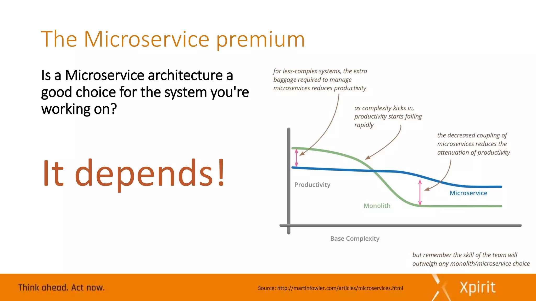 The Microservice premium
Is a Microservice architecture a
good choice for the system you're
working on?
Source: http://martinfowler.com/articles/microservices.html
It depends!
 