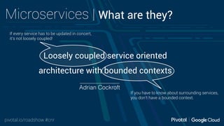 pivotal.io/roadshow #cnr
Microservices | What are they?
Loosely coupled service oriented
architecture with bounded contexts
Adrian Cockroft
If every service has to be updated in concert,
it’s not loosely coupled!
If you have to know about surrounding services,
you don’t have a bounded context.
 