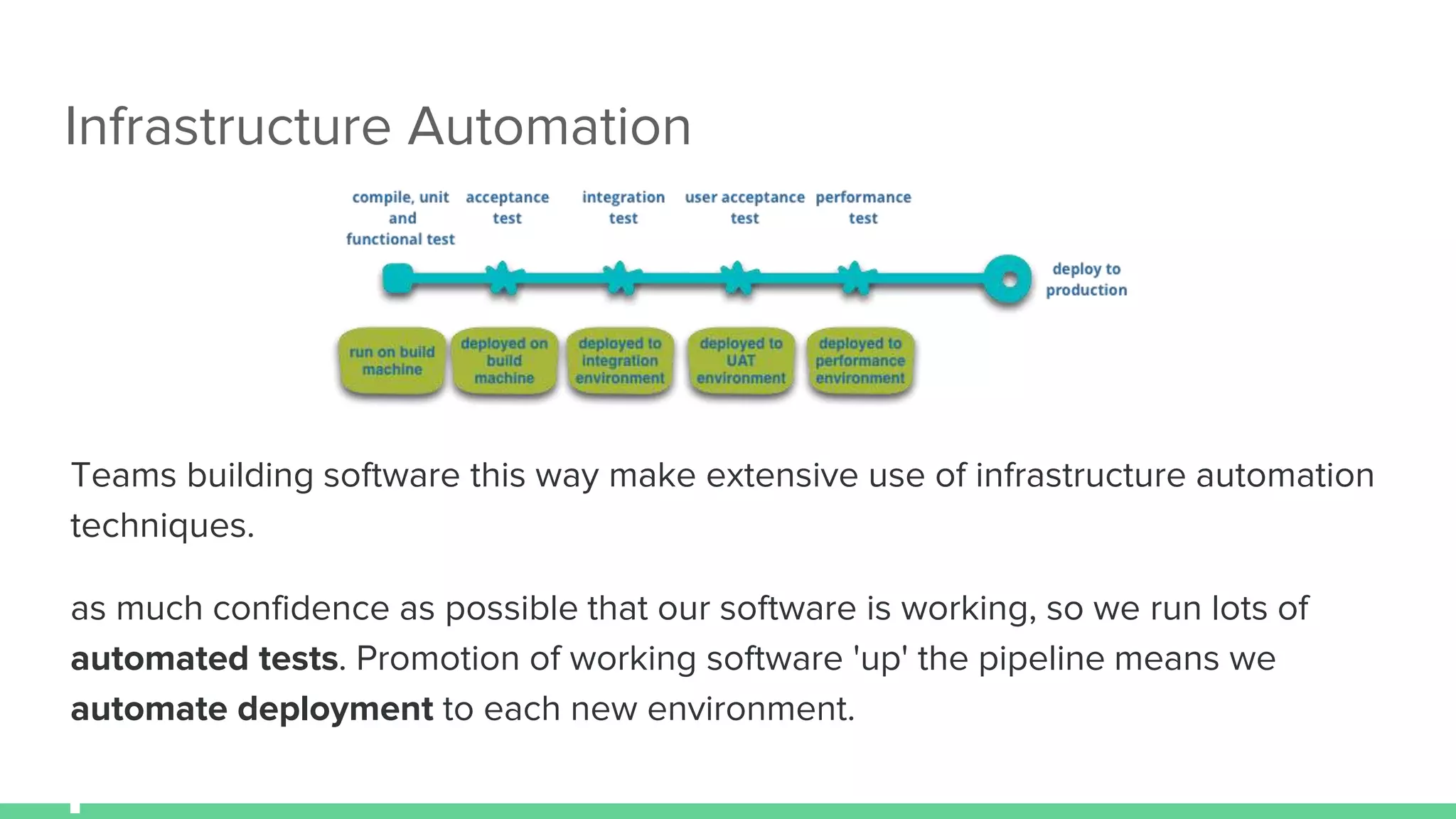 Infrastructure Automation
Teams building software this way make extensive use of infrastructure automation
techniques.
as much confidence as possible that our software is working, so we run lots of
automated tests. Promotion of working software 'up' the pipeline means we
automate deployment to each new environment.
 