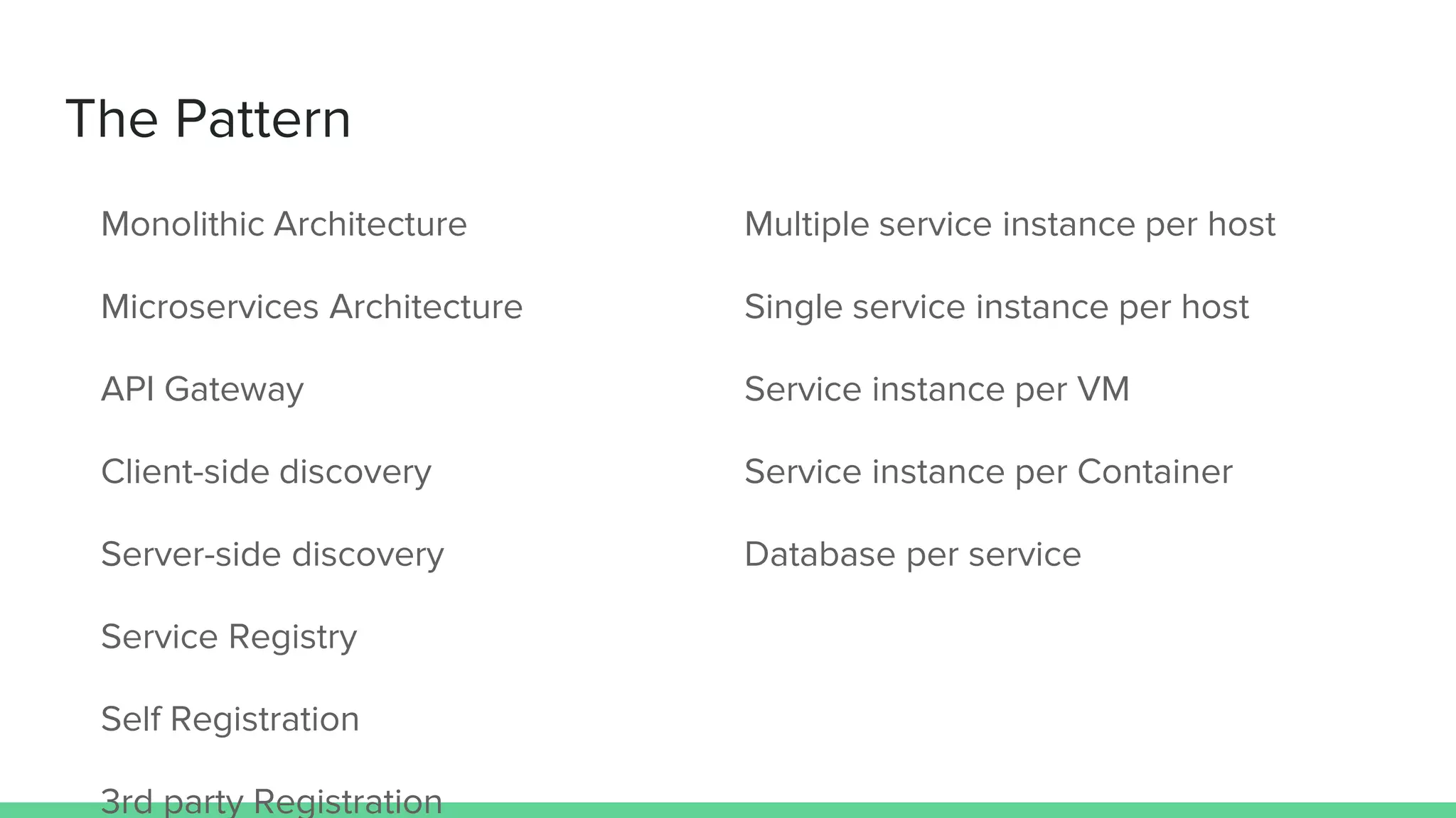 The Pattern
Monolithic Architecture
Microservices Architecture
API Gateway
Client-side discovery
Server-side discovery
Service Registry
Self Registration
3rd party Registration
Multiple service instance per host
Single service instance per host
Service instance per VM
Service instance per Container
Database per service
 