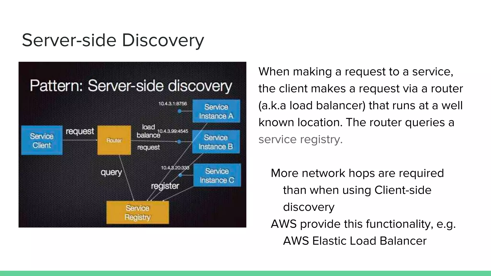 Server-side Discovery
When making a request to a service,
the client makes a request via a router
(a.k.a load balancer) that runs at a well
known location. The router queries a
service registry.
More network hops are required
than when using Client-side
discovery
AWS provide this functionality, e.g.
AWS Elastic Load Balancer
 