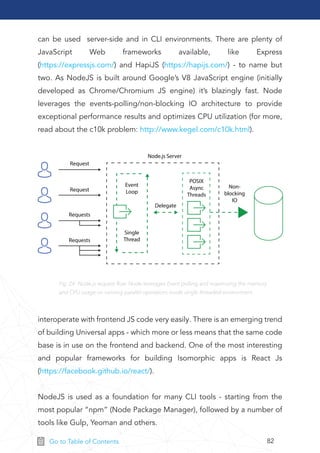 82Go to Table of Contents
can be used server-side and in CLI environments. There are plenty of
JavaScript Web frameworks available, like Express
(https://expressjs.com/) and HapiJS (https://hapijs.com/) - to name but
two. As NodeJS is built around Google’s V8 JavaScript engine (initially
developed as Chrome/Chromium JS engine) it’s blazingly fast. Node
leverages the events-polling/non-blocking IO architecture to provide
exceptional performance results and optimizes CPU utilization (for more,
read about the c10k problem: http://www.kegel.com/c10k.html).
interoperate with frontend JS code very easily. There is an emerging trend
of building Universal apps - which more or less means that the same code
base is in use on the frontend and backend. One of the most interesting
and popular frameworks for building Isomorphic apps is React Js
(https://facebook.github.io/react/).
NodeJS is used as a foundation for many CLI tools - starting from the
most popular “npm” (Node Package Manager), followed by a number of
tools like Gulp, Yeoman and others.
Request
Node.js Server
Request
Event
Loop
Delegate
Non-
blocking
IO
Single
Thread
Requests
Requests
POSIX
Async
Threads
Fig. 24: Node.js request ﬂow. Node leverages Event polling and maximizing the memory
and CPU usage on running parallel operations inside single threaded environment.
 
