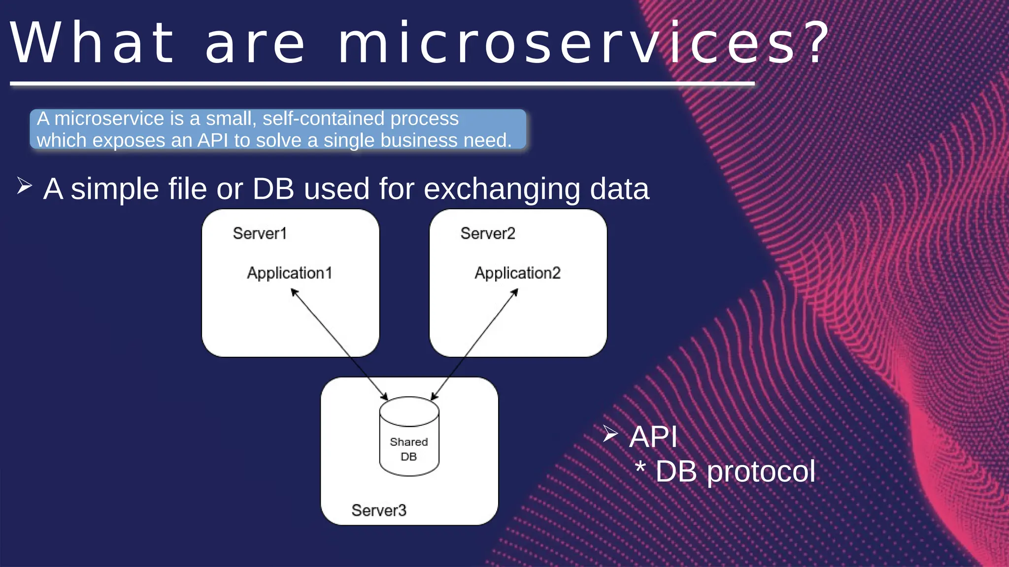 What are microservices?
➢ A simple file or DB used for exchanging data
A microservice is a small, self-contained process
which exposes an API to solve a single business need.
➢ API
* DB protocol
 