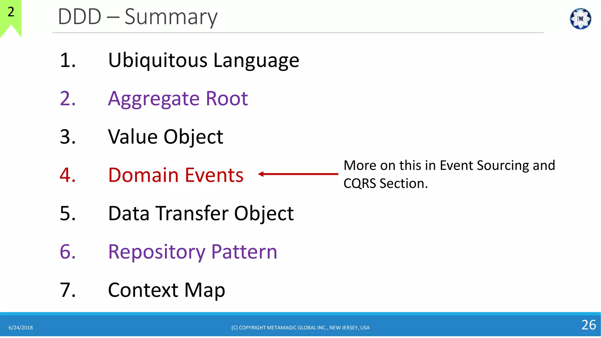 DDD – Summary
6/24/2018 (C) COPYRIGHT METAMAGIC GLOBAL INC., NEW JERSEY, USA 26
1. Ubiquitous Language
2. Aggregate Root
3. Value Object
4. Domain Events
5. Data Transfer Object
6. Repository Pattern
7. Context Map
2
More on this in Event Sourcing and
CQRS Section.
 