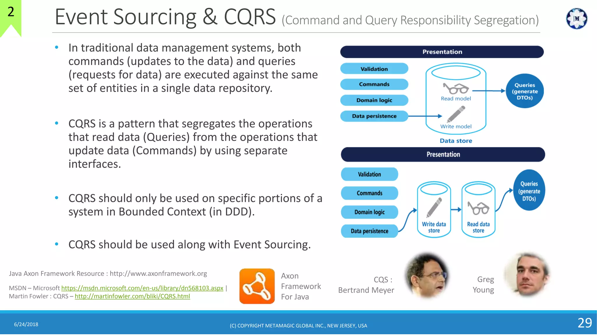 Event Sourcing & CQRS (Command and Query Responsibility Segregation)
• In traditional data management systems, both
commands (updates to the data) and queries
(requests for data) are executed against the same
set of entities in a single data repository.
• CQRS is a pattern that segregates the operations
that read data (Queries) from the operations that
update data (Commands) by using separate
interfaces.
• CQRS should only be used on specific portions of a
system in Bounded Context (in DDD).
• CQRS should be used along with Event Sourcing.
6/24/2018
(C)COPYRIGHTMETAMAGICGLOBALINC.,NEWJERSEY,USA
29
MSDN – Microsoft https://msdn.microsoft.com/en-us/library/dn568103.aspx |
Martin Fowler : CQRS – http://martinfowler.com/bliki/CQRS.html
CQS :
Bertrand Meyer
Axon
Framework
For Java
Java Axon Framework Resource : http://www.axonframework.org
Greg
Young
(C) COPYRIGHT METAMAGIC GLOBAL INC., NEW JERSEY, USA
2
 