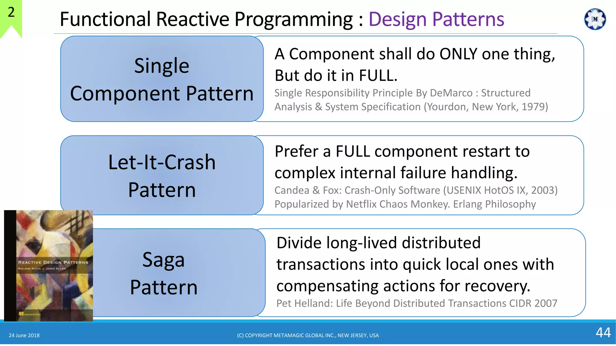 24 June 2018 44
Functional Reactive Programming : Design Patterns
Single
Component Pattern
A Component shall do ONLY one thing,
But do it in FULL.
Single Responsibility Principle By DeMarco : Structured
Analysis & System Specification (Yourdon, New York, 1979)
Let-It-Crash
Pattern
Prefer a FULL component restart to
complex internal failure handling.
Candea & Fox: Crash-Only Software (USENIX HotOS IX, 2003)
Popularized by Netflix Chaos Monkey. Erlang Philosophy
Saga
Pattern
Divide long-lived distributed
transactions into quick local ones with
compensating actions for recovery.
Pet Helland: Life Beyond Distributed Transactions CIDR 2007
(C) COPYRIGHT METAMAGIC GLOBAL INC., NEW JERSEY, USA
2
 