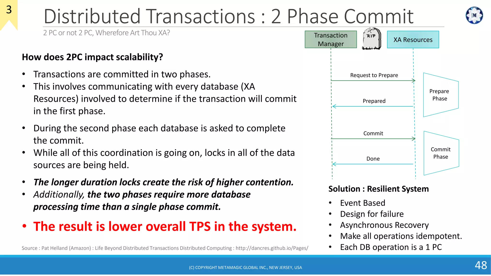 Distributed Transactions : 2 Phase Commit
2 PC or not 2 PC, Wherefore Art Thou XA?
24June2018
48
How does 2PC impact scalability?
• Transactions are committed in two phases.
• This involves communicating with every database (XA
Resources) involved to determine if the transaction will commit
in the first phase.
• During the second phase each database is asked to complete
the commit.
• While all of this coordination is going on, locks in all of the data
sources are being held.
• The longer duration locks create the risk of higher contention.
• Additionally, the two phases require more database
processing time than a single phase commit.
• The result is lower overall TPS in the system.
Transaction
Manager
XA Resources
Request to Prepare
Commit
Prepared
Prepare
Phase
Commit
PhaseDone
Source : Pat Helland (Amazon) : Life Beyond Distributed Transactions Distributed Computing : http://dancres.github.io/Pages/
Solution : Resilient System
• Event Based
• Design for failure
• Asynchronous Recovery
• Make all operations idempotent.
• Each DB operation is a 1 PC
3
(C) COPYRIGHT METAMAGIC GLOBAL INC., NEW JERSEY, USA
 