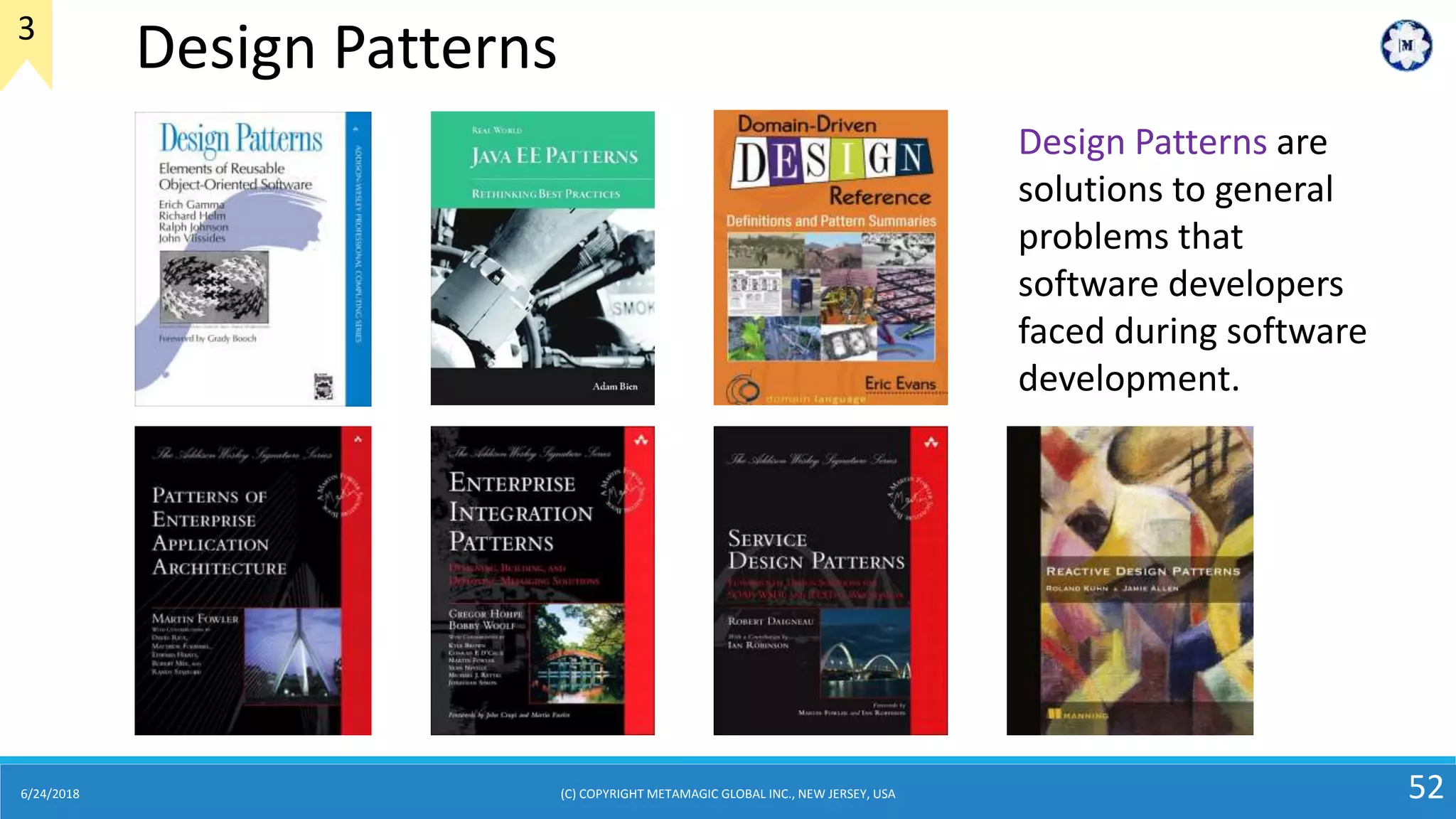 6/24/2018 52
Design Patterns are
solutions to general
problems that
software developers
faced during software
development.
Design Patterns3
(C) COPYRIGHT METAMAGIC GLOBAL INC., NEW JERSEY, USA
 