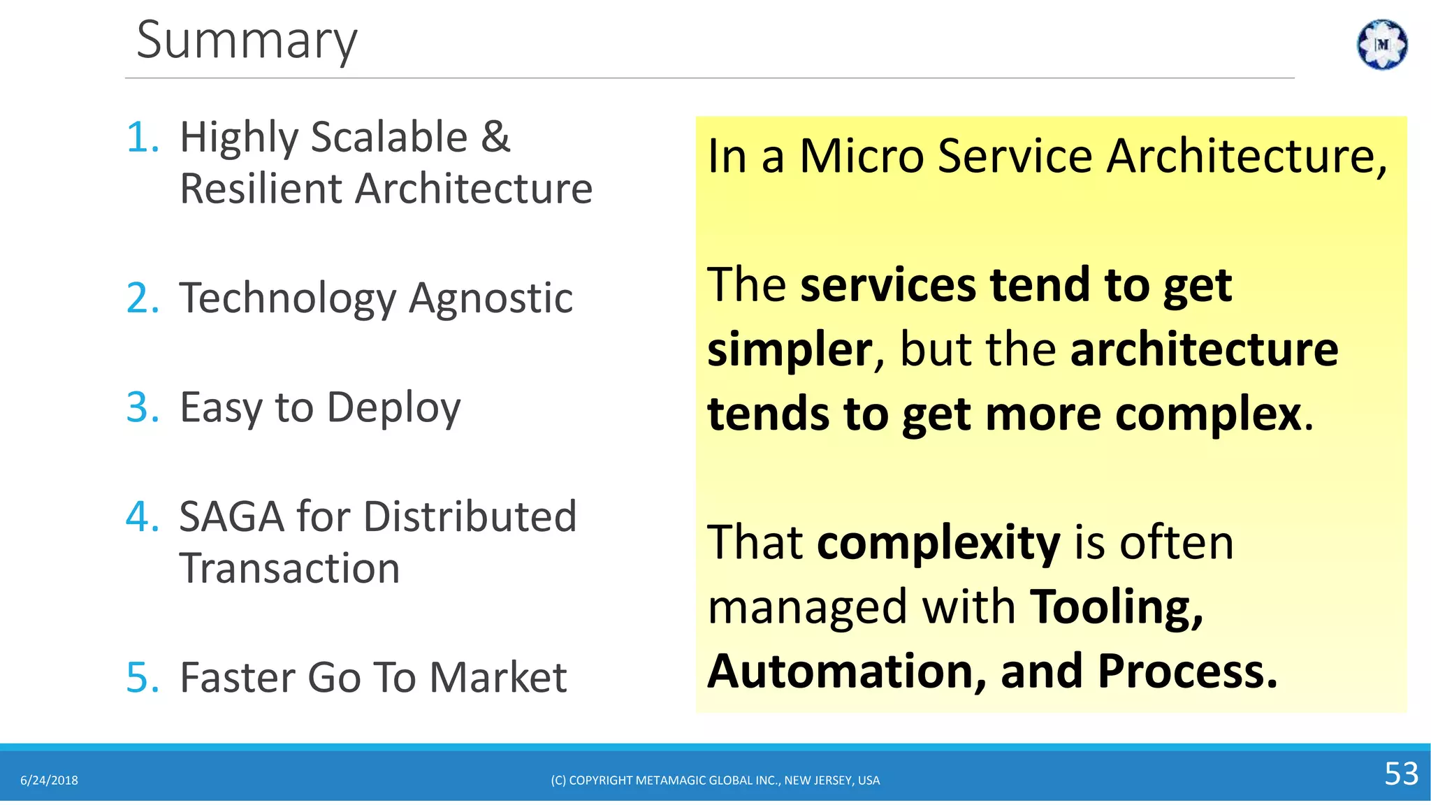 Summary
6/24/2018 53
1. Highly Scalable &
Resilient Architecture
2. Technology Agnostic
3. Easy to Deploy
4. SAGA for Distributed
Transaction
5. Faster Go To Market
In a Micro Service Architecture,
The services tend to get
simpler, but the architecture
tends to get more complex.
That complexity is often
managed with Tooling,
Automation, and Process.
(C) COPYRIGHT METAMAGIC GLOBAL INC., NEW JERSEY, USA
 